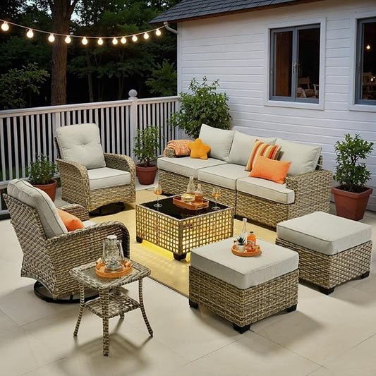 ovios 9 Piece Patio Sectional Furniture with Swivel Rocking Chairs, Rattan Wicker Coversation Set with Glowing Coffee Table, Outdoor Sofa Set for Outside Porch Balcony Backyard Pool, Light Grey