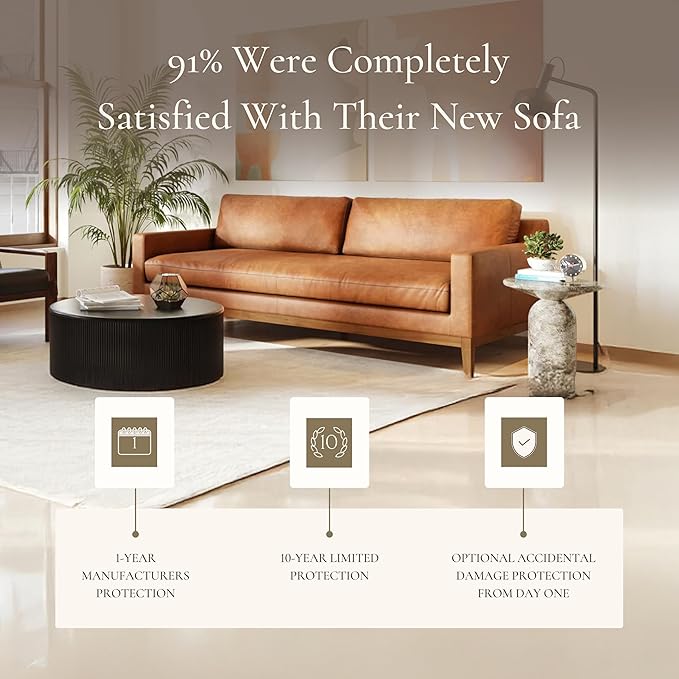 POLY & BARK Zyon 90" Sofa – Saddle Tan Full-Grain Pure-Aniline Italian Leather, Feather-Down Cushions, Solid Wood Base & Legs, Mid-Century Modern Design