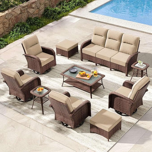 Patio Furniture Set with 6-Inch Thick Cushions, High Back Outdoor Swivel Rocker Chairs and Patio Couch, 10-Piece Easy Assembly Conversation Set for Porch Deck Pool Yard in Beige
