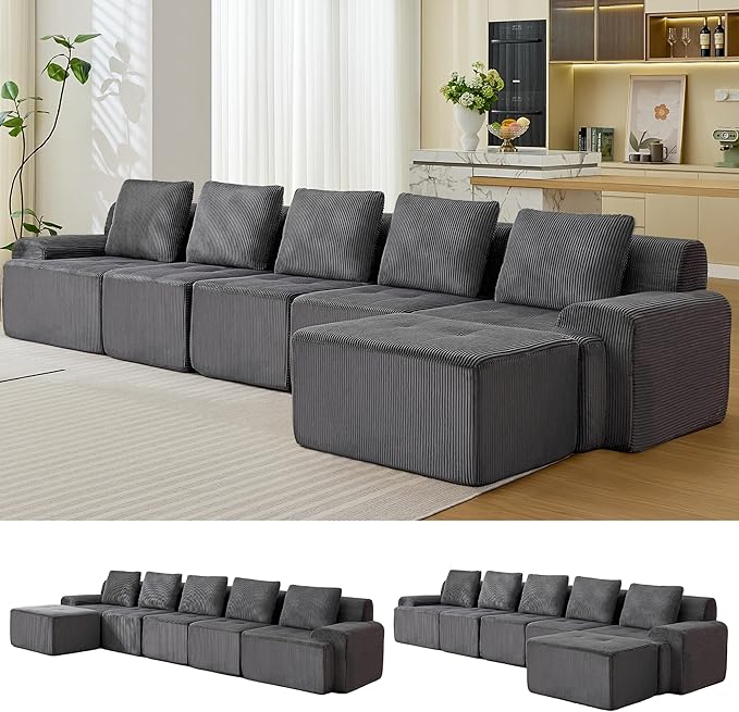 Modular Sectional Sofa, 6 Seat Modular Couch, Modular Sofa with Deep Seat and Detachable Pillow (Grey, 6 Pieces-L Shape)