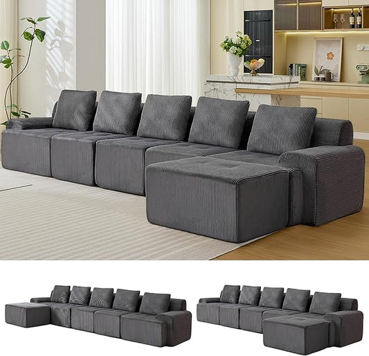 Modular Sectional Sofa, 6 Seat Modular Couch, Modular Sofa with Deep Seat and Detachable Pillow (Grey, 6 Pieces-L Shape)