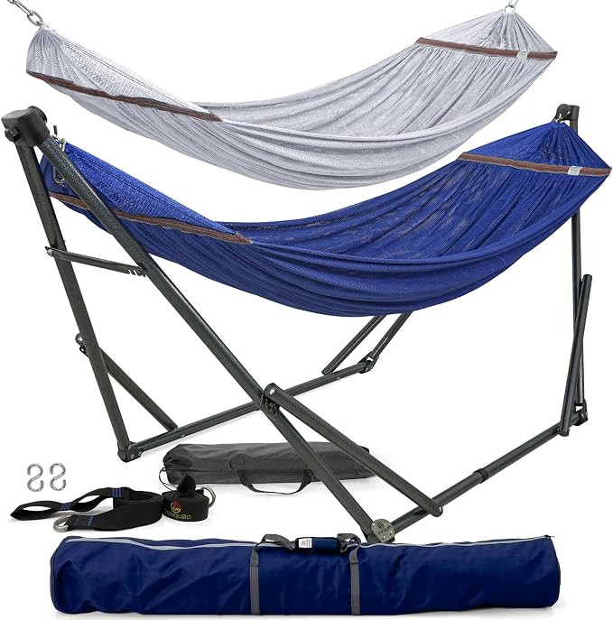 Tranquillo Combo x2 Hammocks with Stand for Outside & Tree Straps, Heavy Duty Hammock with Stand 600lbs for Indoor Outdoor Patio Backyard, x2 Hammocks for 2 Person (Combo - Blue, Medium) by Tranquillo