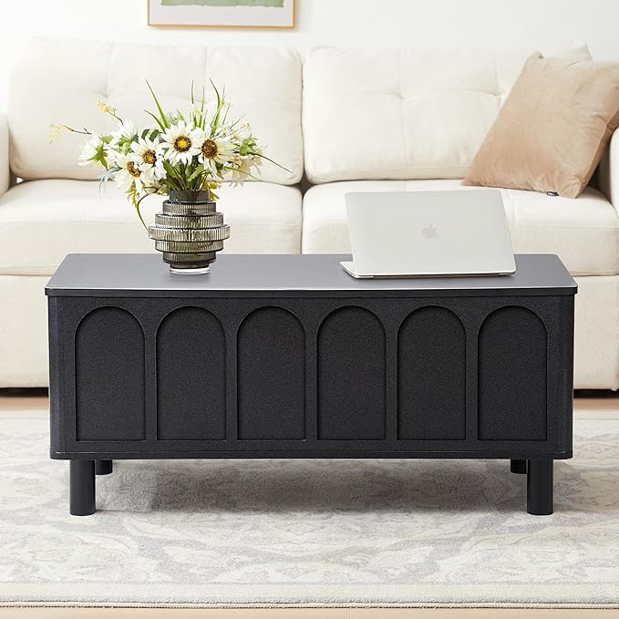 Lift Top Coffee Table with Arched Finish, Modern Coffee Table with Lifting Tabletop & Hidden Storage, Wood Center Table for Living Room,Convenient for Dining, Gaming or Working (Black)