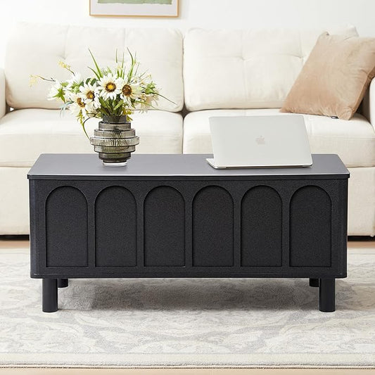 Lift Top Coffee Table with Arched Finish, Modern Coffee Table with Lifting Tabletop & Hidden Storage, Wood Center Table for Living Room,Convenient for Dining, Gaming or Working (Black)