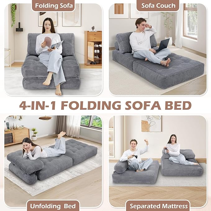 Folding Sofa Bed, Convertible Sleeper Chair with Pillow & Handle, Foldable Mattress Futon Chair Bed Lounge with Back Support, Comfy Floor Sofa for Living Room Bedroom, LightGrey, Single