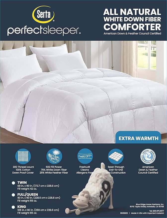 Serta Down Fiber Comforter King Size-Extra Warmth Duvet Insert, Luxury Fluffy Bed Comforter 100% Cotton 300 Thread Count Shell, Down Feather Fiber 500 Fill Power with Corner Taps, White 106x90inch