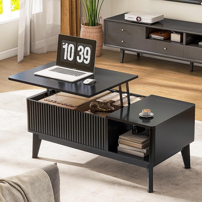 LYNCOHOME Fluted Coffee Table with Hidden Compartment, Wood Lift Top Coffee Tables, Modern Center Table for Living Room, Home Office, Black