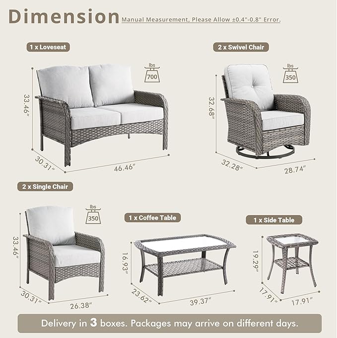 Weaxty 7 Pieces Patio Furniture Set,Wicker Outdoor Swivel Rocking Chairs,Rattan Loveseat Couch,Coffee Table,Patio Sofa Conversation Sets for Deck Backyard Porch Poolside, Light Gray