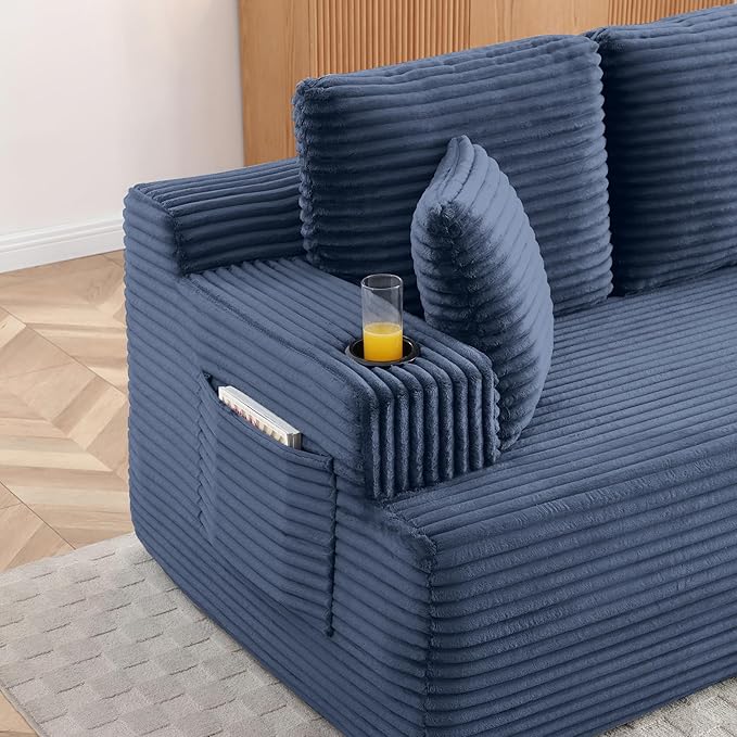 Eafurn Floor Loveseat Boneless Sofa Couch in a Box with Cup Holder and Side Pockets, 3 Seater Comfy Corduroy Upholstered Foam Couch with Deep Seating for Living Room,No Assembly | Breathable material, Cupholders