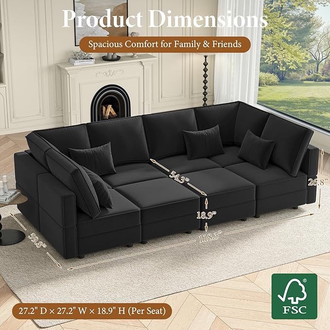 Vesgantti Sectional Sleeper Sofas with Storage, 118" Sofa Bed with 8 Seats Storage Chaises Removeble Cover, Deep Seat Modular Couches Velvet Couch Set for Living Room, Apartment, Home Theatre, Black
