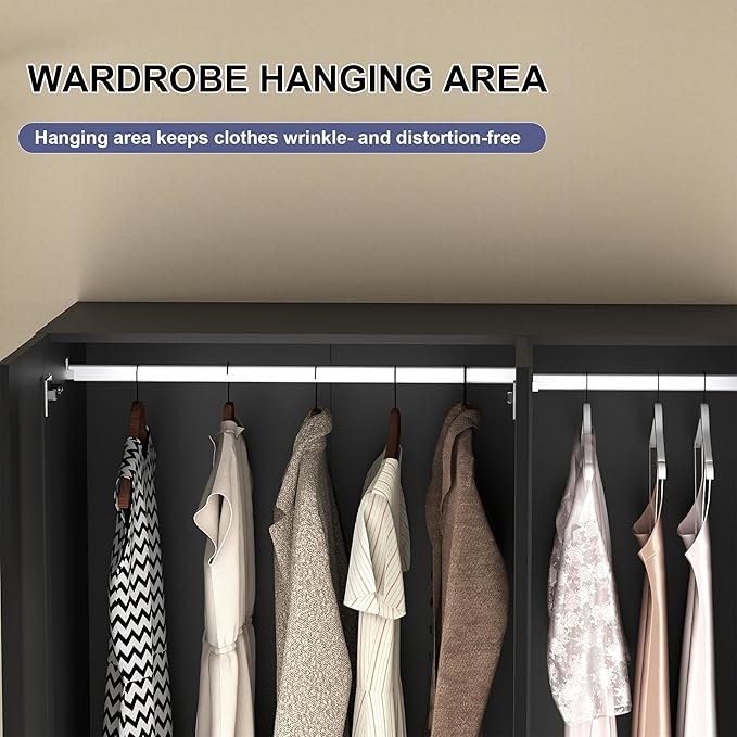 Armoire Wardrobe Closet with Drawers: 74" Black Wardrobe Close with 3 Doors, Tall Armoire with Hanging Rod, Large Wood Clothes Cabinet for Bedroom (Black, 47")