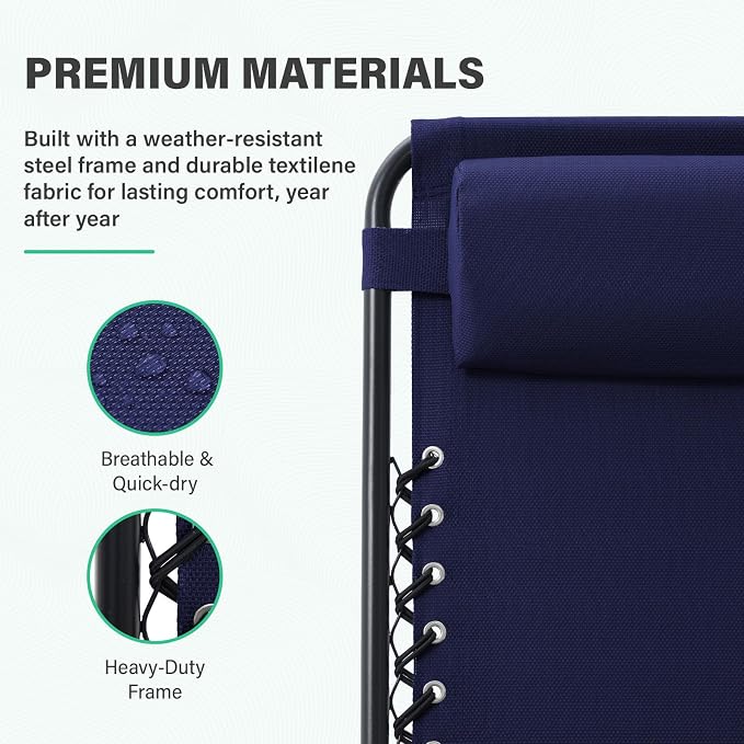 JEAREY Zero Gravity Lounge Chairs Set of 2, Adjustable Steel Mesh Recliners with Pillows and Cup Holder Trays for Patio, Garden, Beach, Navy Blue - Image 4