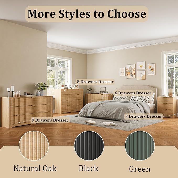 9 Drawer Dresser and Nightstand Sets for Bedroom, Modern Fluted 3 Pcs Bedroom Dresser Furniture Sets, Wood Chest of Drawers and Nightstand Set of 2 with Metal Handles, Natural Oak