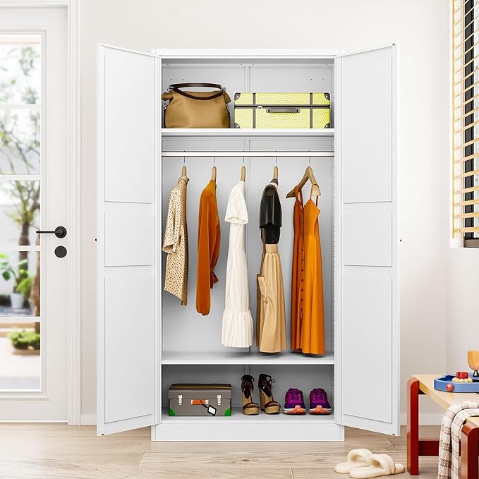 Metal Wardrobe Cabinet,Armoire Wardrobe Closet with doors,White Metal Clothing Storage Cabinet with Adjustable Shelves and Hanging Rod,72" Tall Cloth Storage Cabinets for Home,Bedroom Armoires,Laundry