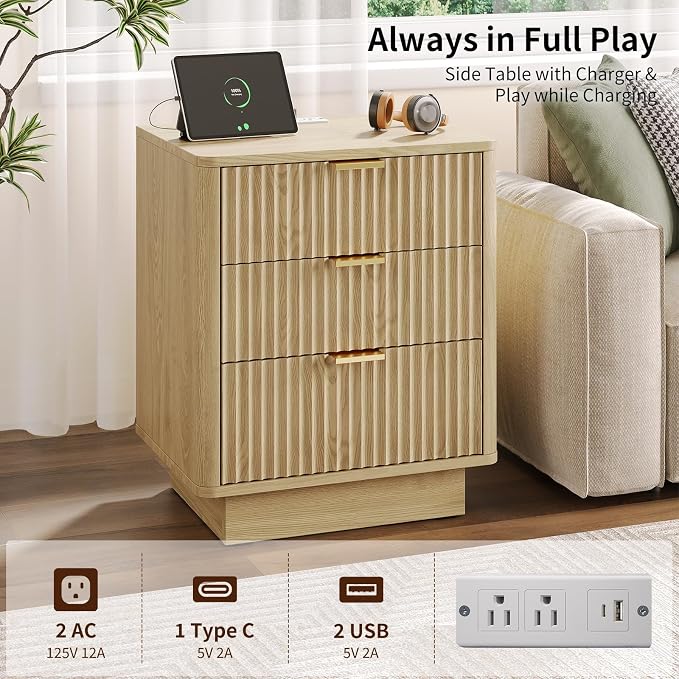 GOLDDAY Nightstand with Charging Station & LED Light, 3-Drawer Bedside Table with Outlets, Modern End Table, for Bedroom, Home Office, 1Pcs, Natural - Image 3