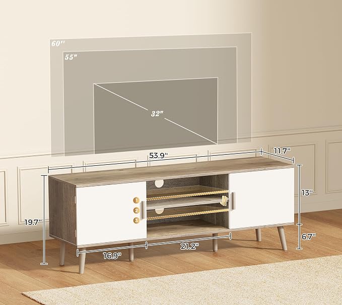 SUPERJARE TV Stand for 55 Inch TV, Entertainment Center with Adjustable Shelf, 2 Cabinets, TV Console Table, Media Console, Solid Wood Feet, Cord Holes, for Living Room, Bedroom, Gray and White - Image 3