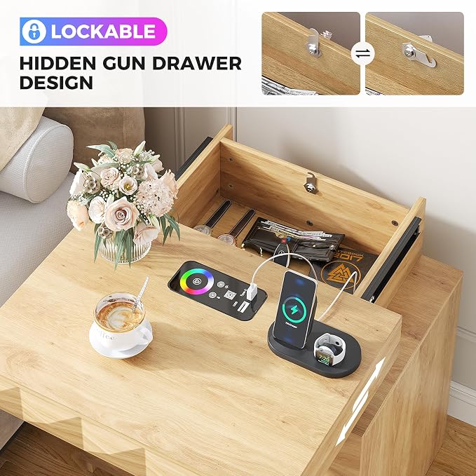 Dystler LED Nightstand with Charging Station,3 Drawers Night Stand with Lockable Hidden Storage,Smart Bedside Table with Human Sensor RGB Lights for Bedroom,Wood - Image 6
