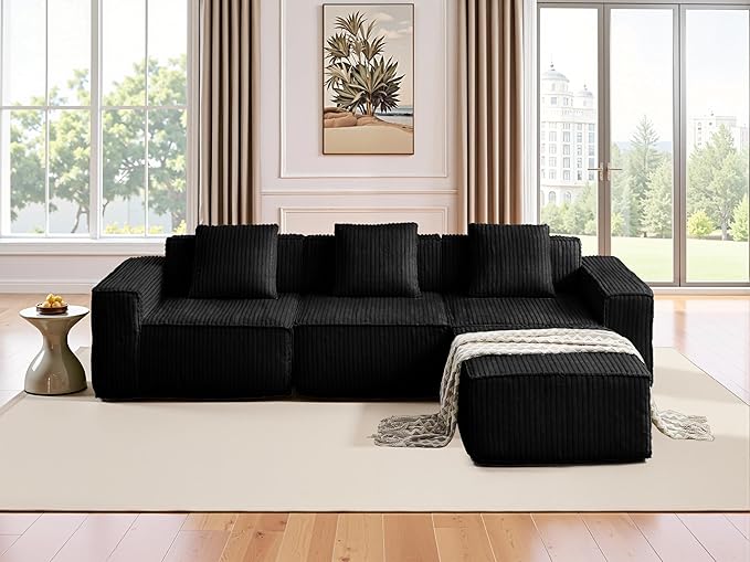 L-Shaped Corner Corduroy Sectional Sofa 4 Seat Modular Boneless Sofa Foam Cloud Couch with Movable Ottoman and Toss Pillows,Modern Deep Seat Convertible Chaise Sofa