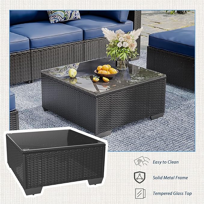 AECOJOY 7 Piece Outdoor Patio Furniture Set, Outdoor Sectional Conversation Furniture Chair with Coffee Table, Patio Sectional for Backyard, Garden(Navy Cushions and Black Rattan)
