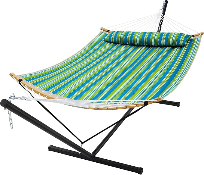 SUPERJARE Curved-Bar Hammock with Stand, 2 Person Heavy Duty Hammock Frame, Detachable Pillow & Portable Carrying Bag, Perfect for Outdoor & Indoor, Thin Blue and Green Stripes by SUPERJARE