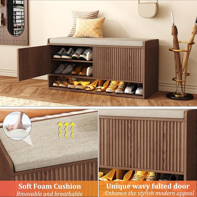 HOMEFORT 39.4" Fluted Shoe Storage Bench, Entryway Bench with Linen Seat Cushion, Shoe Cabinet Bench with Adjustable Shelf and Built-in LED Sensor Light, Bench for Bedroom End of Bed,Walnut - Image 6