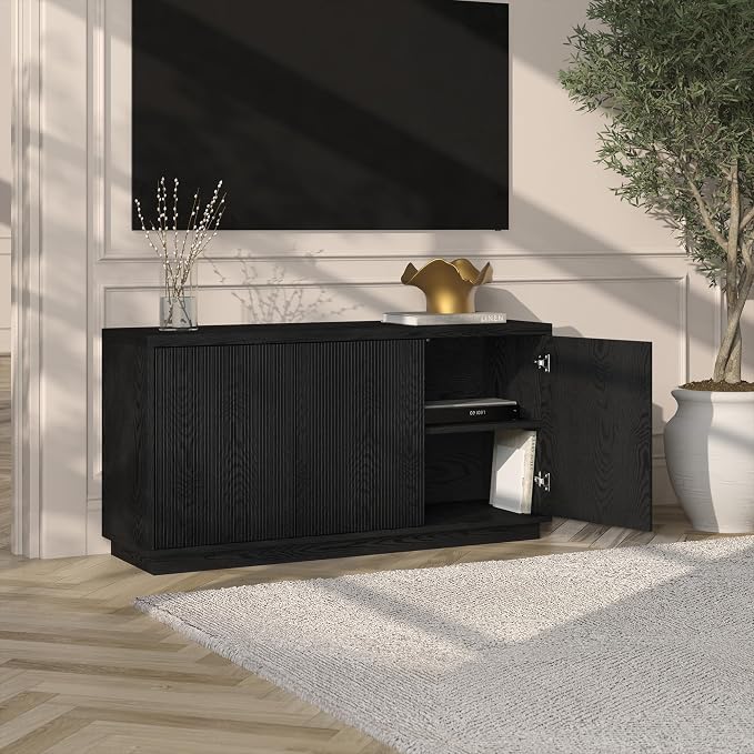 Henn&Hart Fluted TV Stand for TVs up to 55" with 3 Swing Out Ribbed Doors and Adjustable Shelves for Living Room, Family Room, or Office, Natural Black - Image 5