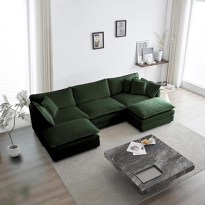 Luxury Modular Sectional Sofa with Ottoman, 111.5" Overstuffed U-Shaped Cloud Sofa, Premium Chenille Fabric Deep Seat Couch, Extra Wide Sectional for Living Room, Apartment & Office | Layer Cushions