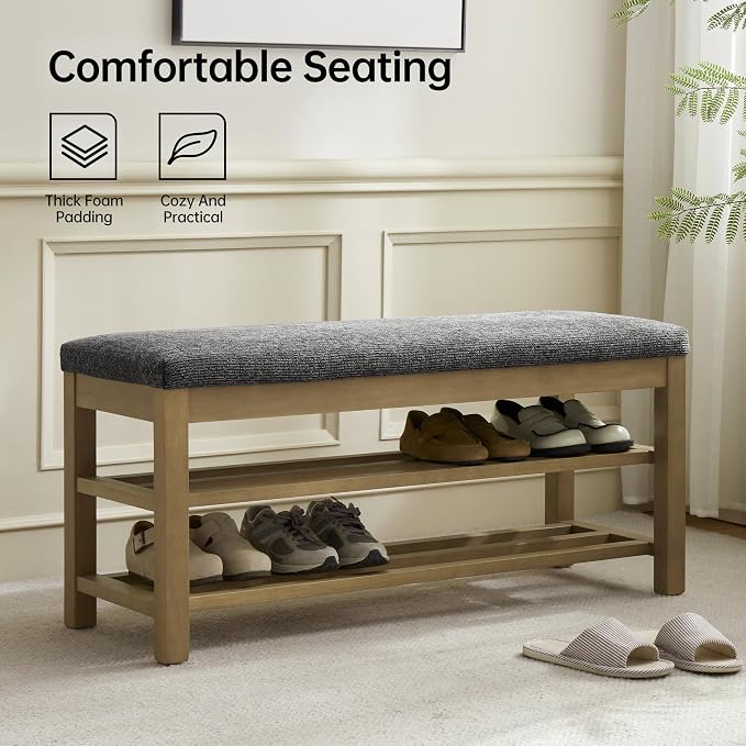 VKNOW 44.3” Wooden Entryway Bench, 2-Tier Upholstered Shoe Storage Bench for Bedroom, Storage End of Bed Bench with Rubberwood Legs for Living Room, Hallway, Black - Image 3