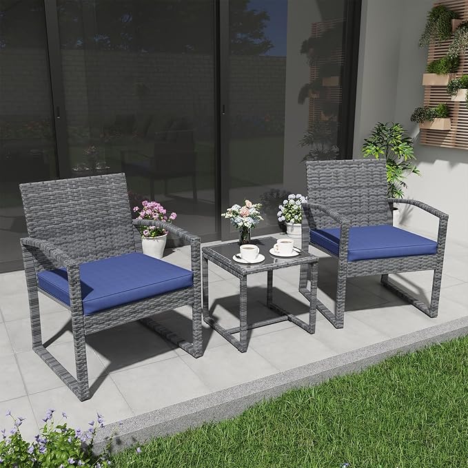 Patiorama 3 Pieces Outdoor Patio Furniture Set, Outdoor Wicker Conversation Set, Patio Rattan Chair Set, Modern Bistro Set with Coffee Table, Garden Balcony Backyard Poolside (Navy Blue)