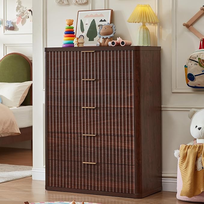 LEYAOYAO Fluted 5 Drawers Dresser Set of 2, 41" Tall Modern Chest of Drawers with Metal Handle, Curved Profile Dresser TV Stand, Wooden Drawer Organizer for Bedroom, Living Room, Hallway, Walnut - Image 7