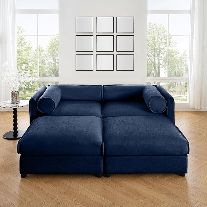 KEIKI 76" Modular Loveseat Chenille Sectional Sofa with Storage Seat and 2 Ottoman, Modern 2-Seater Couch with Cylindrical Backrest and Armrests, Easy Assembly, for Apartment, Living Room, Blue