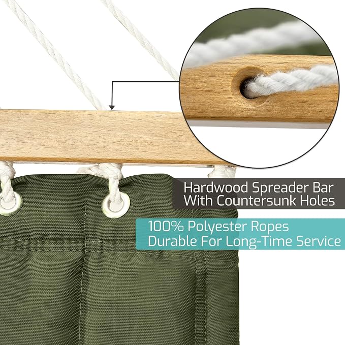 CHULIM Double Quilted Fabric Hammock with Hardwood Spreader Bars and Pillow 450 LBS Capacity 2 Person Large Hammock for Outdoor Patio Backyard Poolside - Green - Image 5