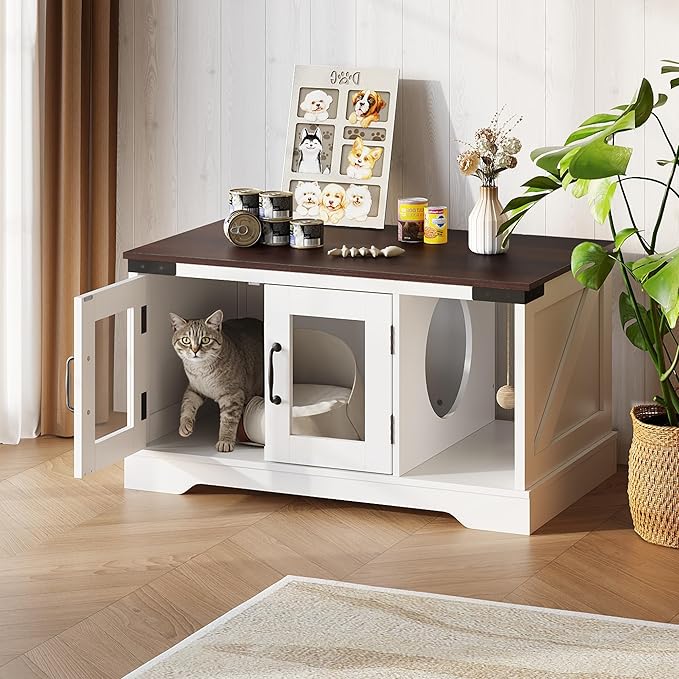 WLIVE Coffee Table with Storage, 2-in-1 Modern Center Table Cat House Furniture with Cat Teaser for Living Room, Home, White