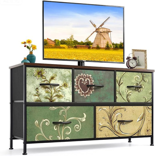 5-Drawer Dresser for Bedroom, Anti-Tip Wide Storage Organizer Fabric Chest of Drawers TV Stand for 45" TV with Wooden Top and Metal Frame for Closet, Living Room, Hallway, Entryway, Floral Painted by SageNest