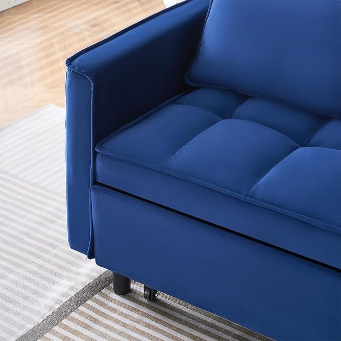 55" Modern Velvet Loveseat Sleeper Sofa, 3-in-1 Convertible Pull-Out Bed with Adjustable Backrest, 2 Pillows & Side Pockets, Small Pull Out Couch for Living Room, Apartment(Blue)
