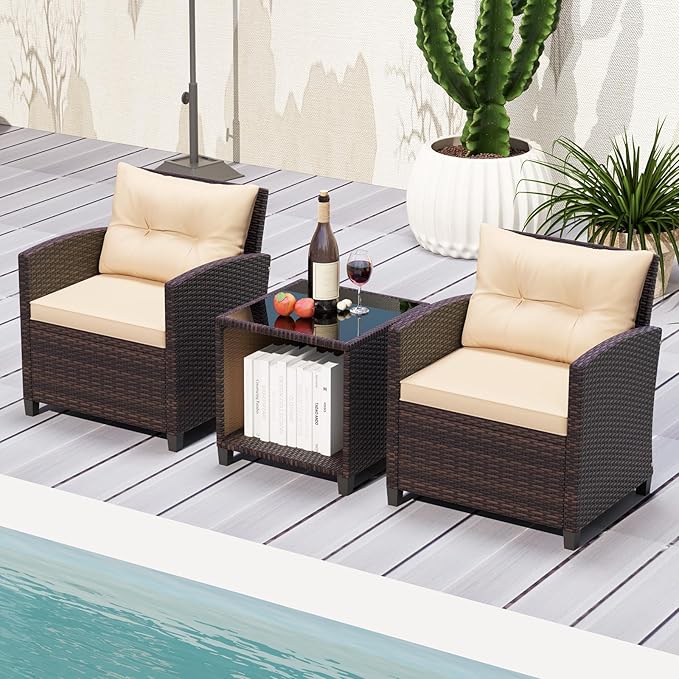 HAPPYGRILL 3 Pieces Patio Conversation Set, Outdoor Rattan Wicker Chairs & Coffee Table Set w/Cushions & Tempered Glass Tabletop, Porch Sofa Set for Backyard, Poolside