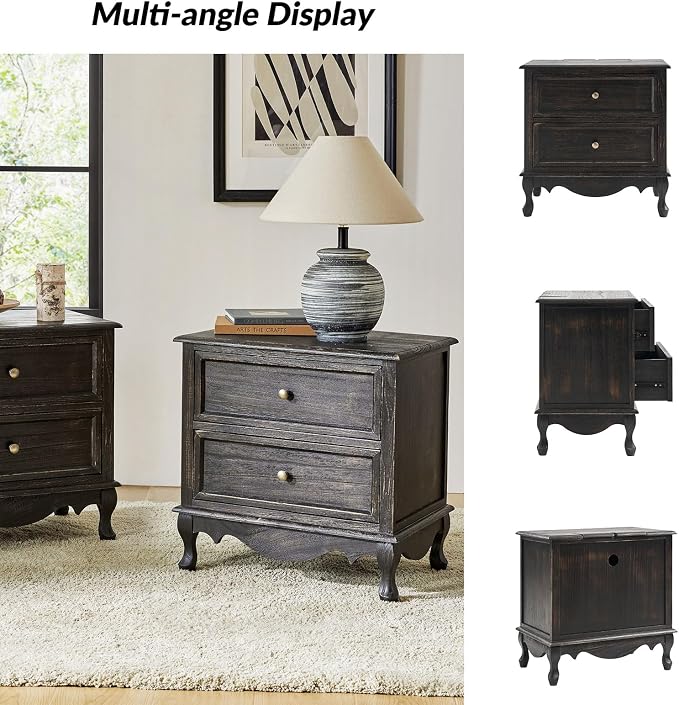 HULALA HOME Solid Wood End Table with Charging Station Space, Vintage Endtable with Wood Legs and 2 Drawers, French Side Table for Living Room, Charcoal - Image 5