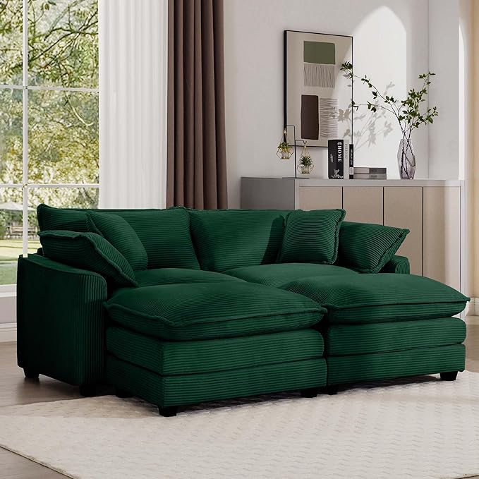 KEIKI 80" Oversized Corduroy Modular Sectional Loveseat Sofa with 2 Ottoman, High-Density Foam Cushions, Removable Armrests, Upholstered 2-Seater Corner Couch with 4 Pillow, for Living Room, Green