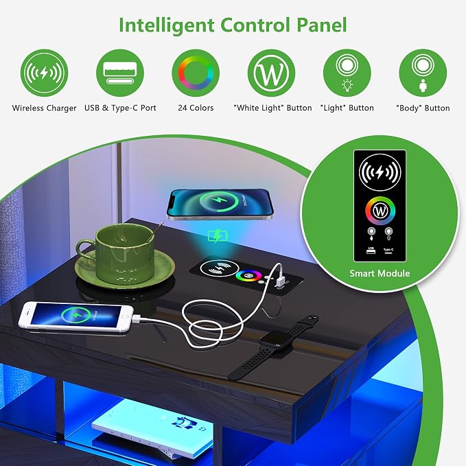 HNEBC Night Stands Set 2 with Charging Station for Bedroom, Auto LED Nightstand with Wireless/USB Port, Modern Bedside Tables has 24-Color Lights, Side Tables with 2 Drawer for Bedroom Black - Image 5