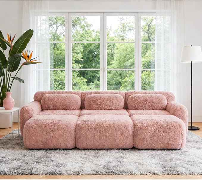 114.7" Sectional Sofa Bed, 6-Seater Modular Sleeper Boneless Couch with Movable Ottoman, Plush Convertible Sofa Set Deep Seat Couches for Living Room, Bedroom and Apartment, Pink