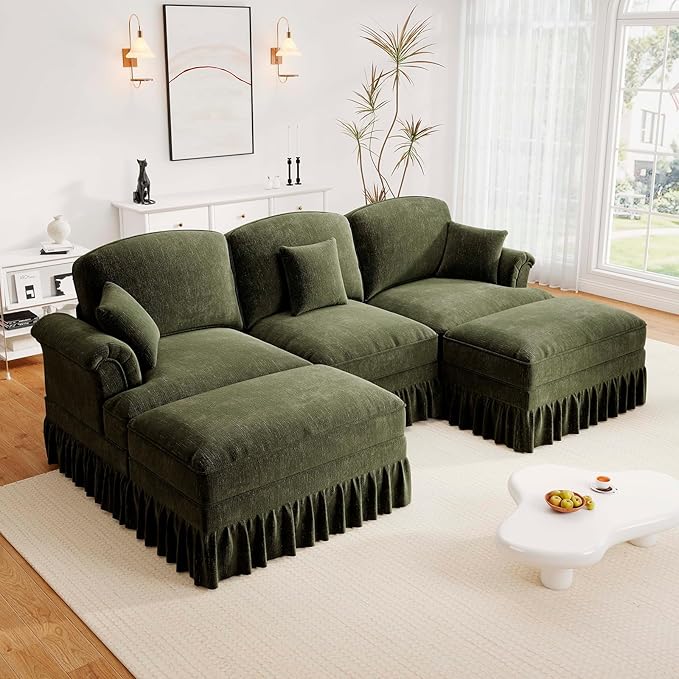 Rovibek 107” U Shaped Couch, Chenille Midcentury Modern Sofa with Detachable Ruffle Hem, Sectional Couches for Living Room with Throw Pillows & 2 Ottoman, Green