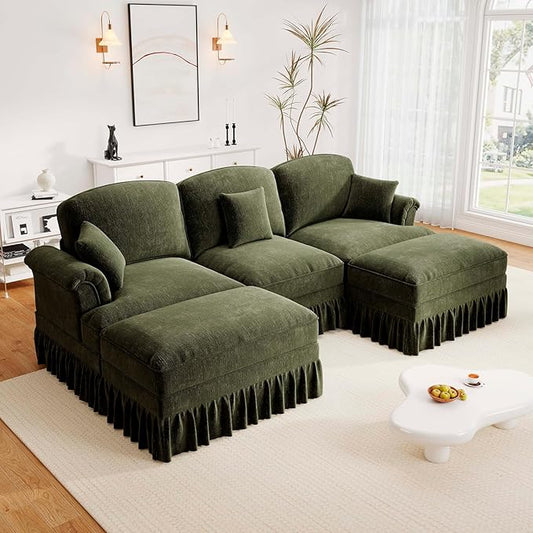 Rovibek 107” U Shaped Couch, Chenille Midcentury Modern Sofa with Detachable Ruffle Hem, Sectional Couches for Living Room with Throw Pillows & 2 Ottoman, Green
