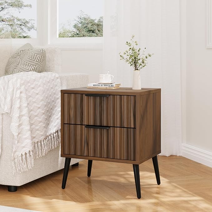 JOMEED Solid Wood Nightstand with 2 Fluted Drawers & Adjustable Shelf, Multi-Use Bedside Table, End Table for Bedroom, 15.74" D x 17.71" W x 21.65" H, Walnut - Image 6