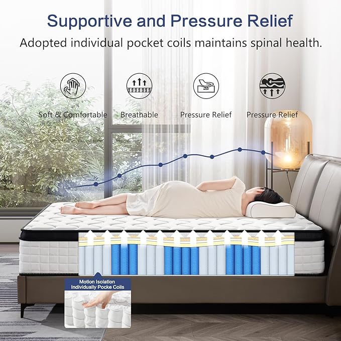 12 Inch King Hybrid Mattress – Medium Firm, Memory Foam & Responsive Pocket Springs, Enhanced Edge Support, Motion Isolation, Pressure Relief, Eco-Friendly, Compressed for Easy Setup