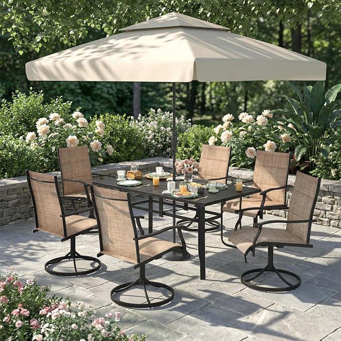 7 Pieces Patio Dining Set for 6, All Weather Outdoor Furniture Set, 63" Metal Dining Table with Umbrella Hole and 6 High Back Textilene Swivel Chairs for Deck Porch Lawn Poolside, Brown - Image 8