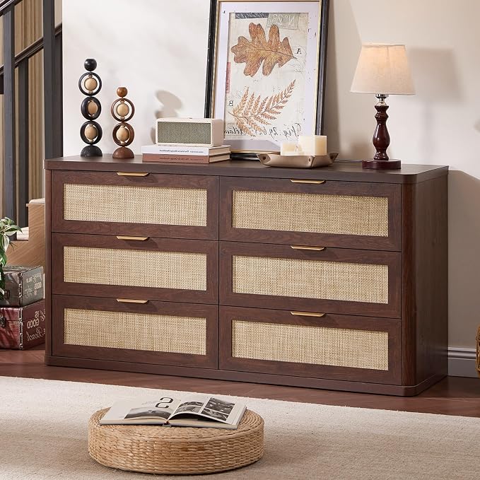 LEYAOYAO Rattan 6 Drawer Dresser for Bedroom, 54" Wide Boho Chest of Drawers, Wooden Dressers TV Stand with Metal Handle, Storage Closet Organizer for Living Room, Hallway, Walnut by LEYAOYAO-Findtheshiningpointofyourideallife%EF%BC%81