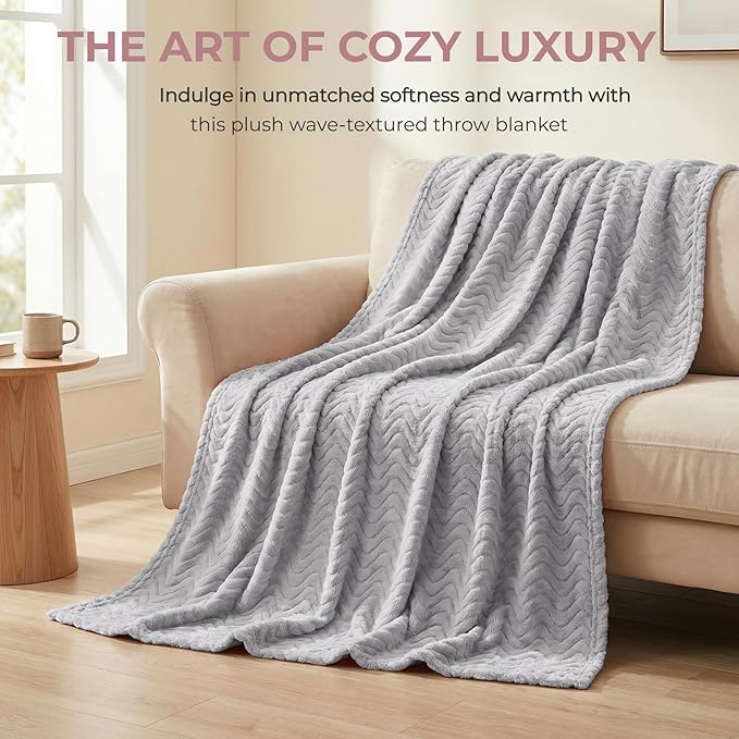 Exclusivo Mezcla Fleece Throw Blanket for Couch, Cozy Lightweight Blankets for All Season, Decorative Giftable Fuzzy Plush Wave Textured Throws for Women, Men, Light Grey, 50x70 Inches