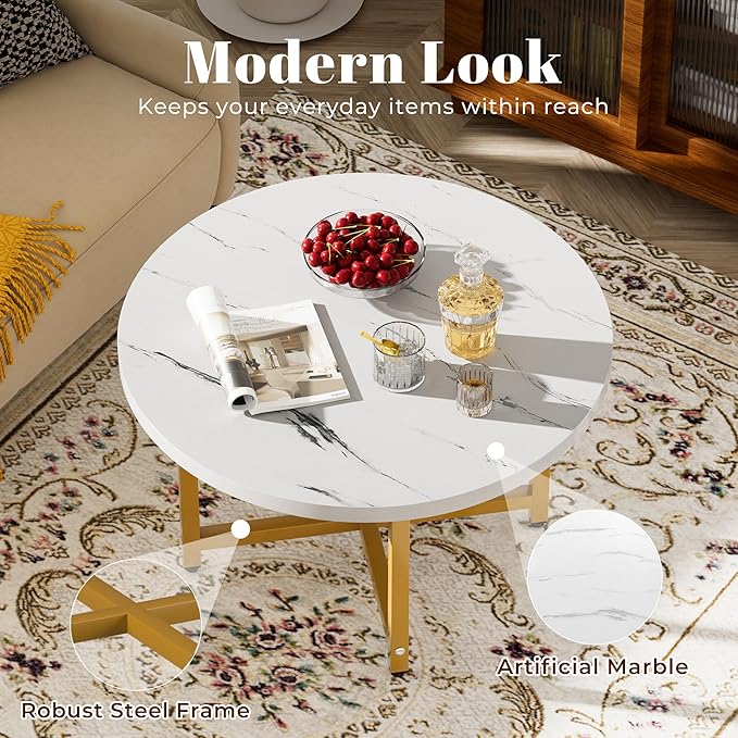 Round Coffee Table, Small Coffee Tables for Living Room, Wood Coffee Table with Metal Frame, Floor Table Desk for Sitting on The Floor, Home, Office, Farmhouse, White & Gold (23.6"D x 17.7"H)