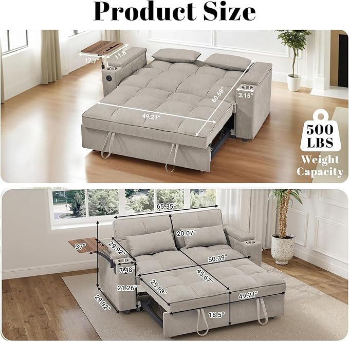 Rovibek 3 in 1 Sofa Bed, 65 Inch Convertible Pull Out Couch with USB and Type-C Ports, Loveseat Sleeper Bed with Small Table, 3 Level Adjustable Backrest for Living Room, Khaki