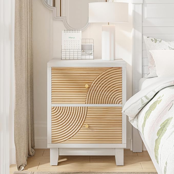 COZAYH 2-Drawer Farmhouse Nightstand X 2P, Mid Century Nightstand Fully Assembled with Handcrafted Wood Ring Pattern for Boho, Mid-Century, Rustic Style, White - Image 2